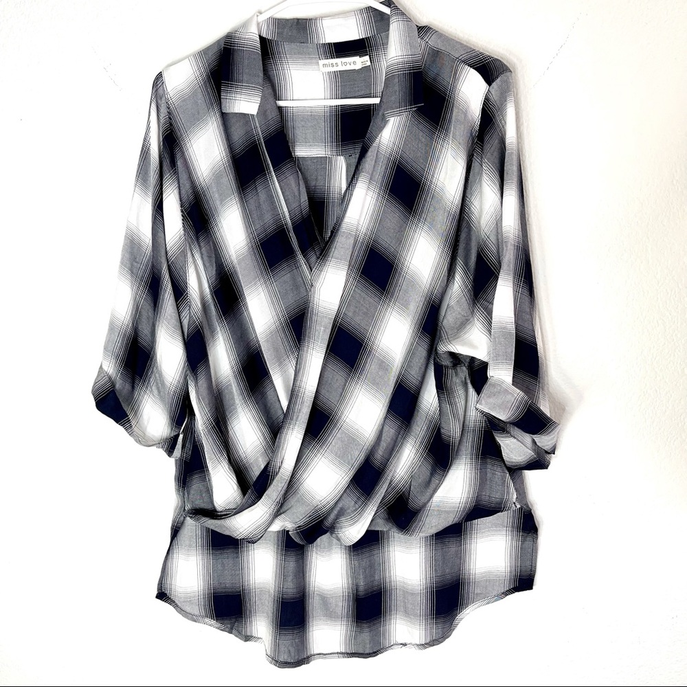 New MISS LOVE WRAP BLOUSE COLLAR IN BLUE PLAID